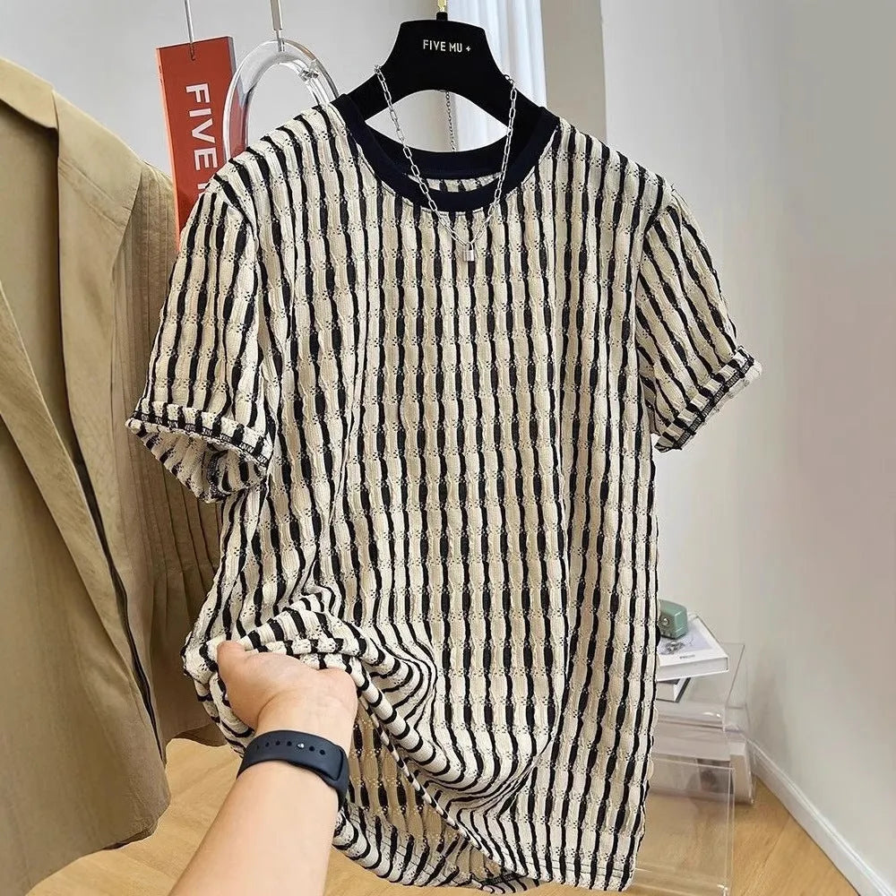 Black striped men's pullover shirt with loose fit and short sleeves made from linen silk blend fabric