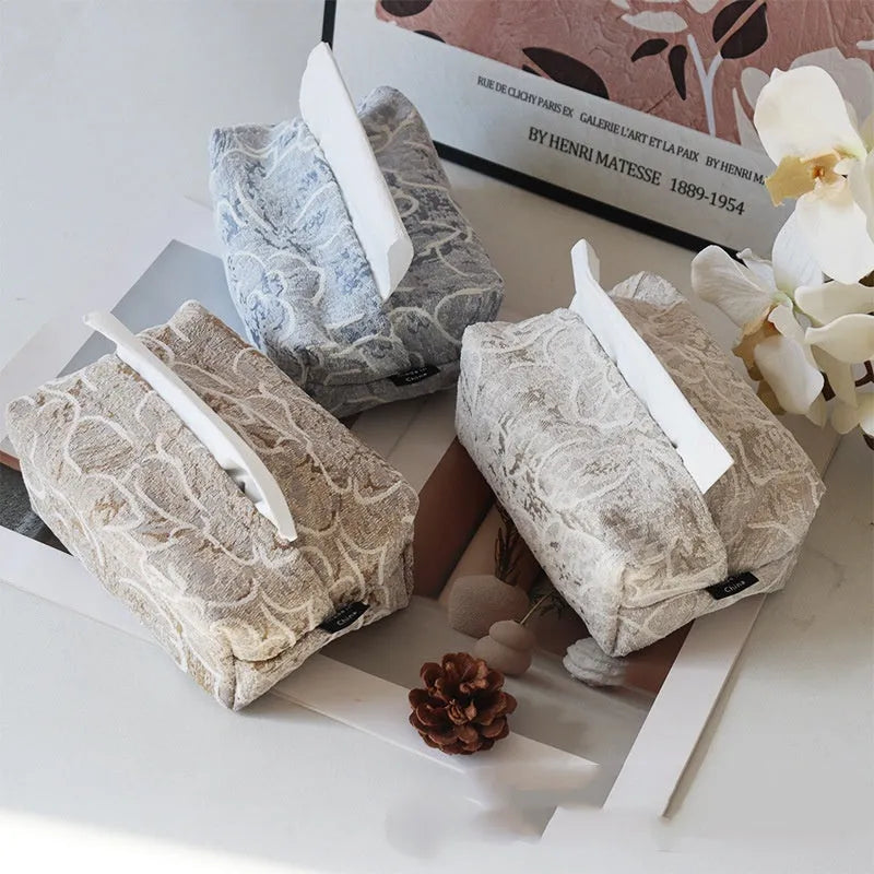 Chinese style pastoral cotton fabric tissue box cover in beige, blue, or Maillard brown, dimensions 17x11x7cm.