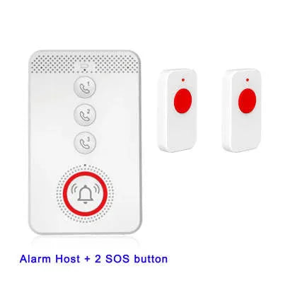 White circular emergency alert buzzer unit with three small emergency button transmitters for elderly safety