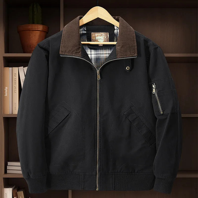 Men's plus size washed cotton baseball flight jacket shown in army green colour.
