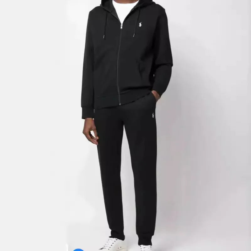 Men's casual polyester fiber sweater suit hoodie and pants set in black, gray, and navy blue