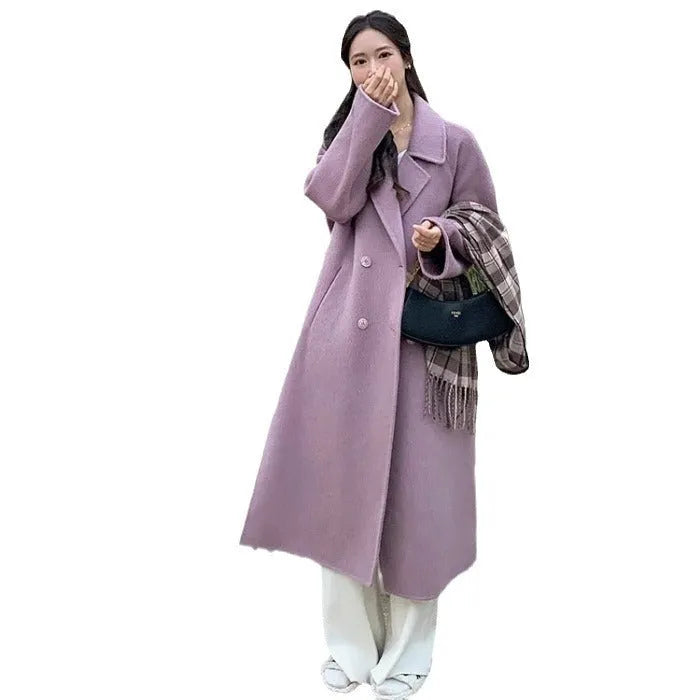 High-grade gray woolen coat for women with long sleeves, polyester fabric, autumn design, size L