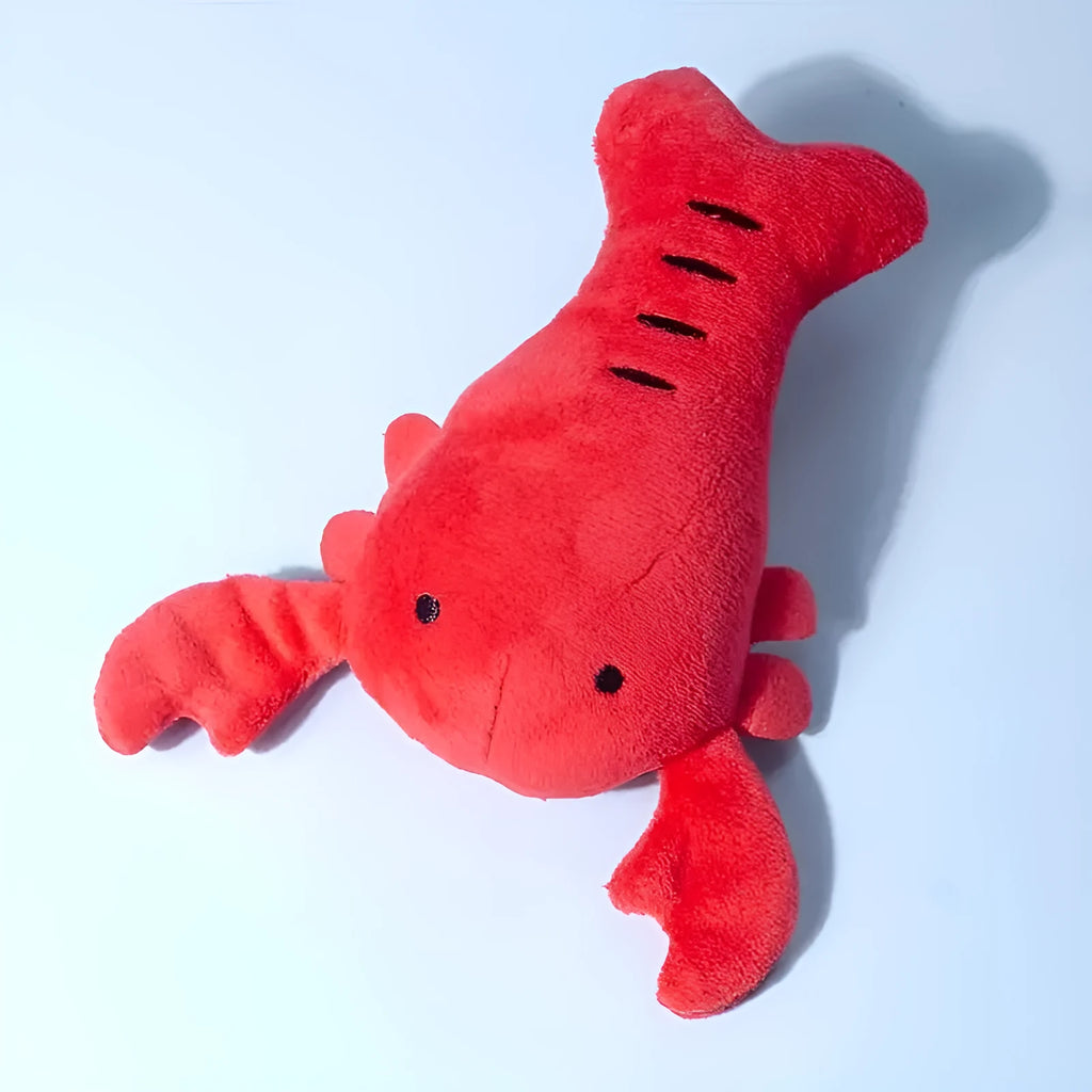 Red lobster-shaped squeaky plush dog toy with bite-resistant construction for small and medium breeds