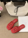 Summer Roman style hollow-out slippers for women, flat beach sandals in solid colours, viscose upper, microfiber lining