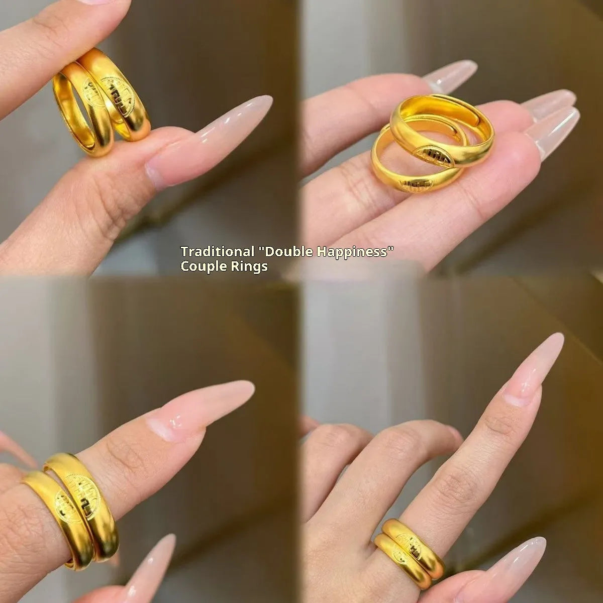 Brass Chinese lotus Double Double Happy couple ring with adjustable opening in ancient couple style for men and women