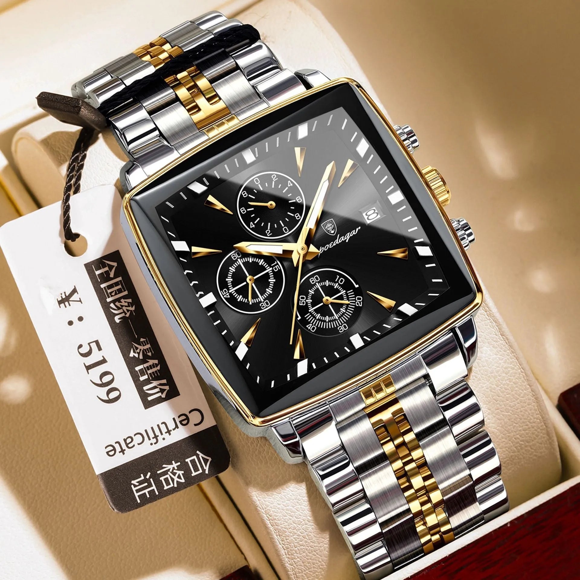 Square men's business quartz watch with stainless steel band and butterfly buckle in gold and blue colour combination.