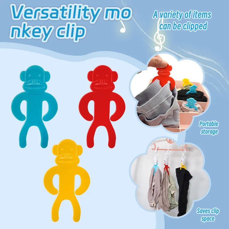 Plastic socks storage clips in blue, red, and yellow colours showing anti-winding laundry organisation
