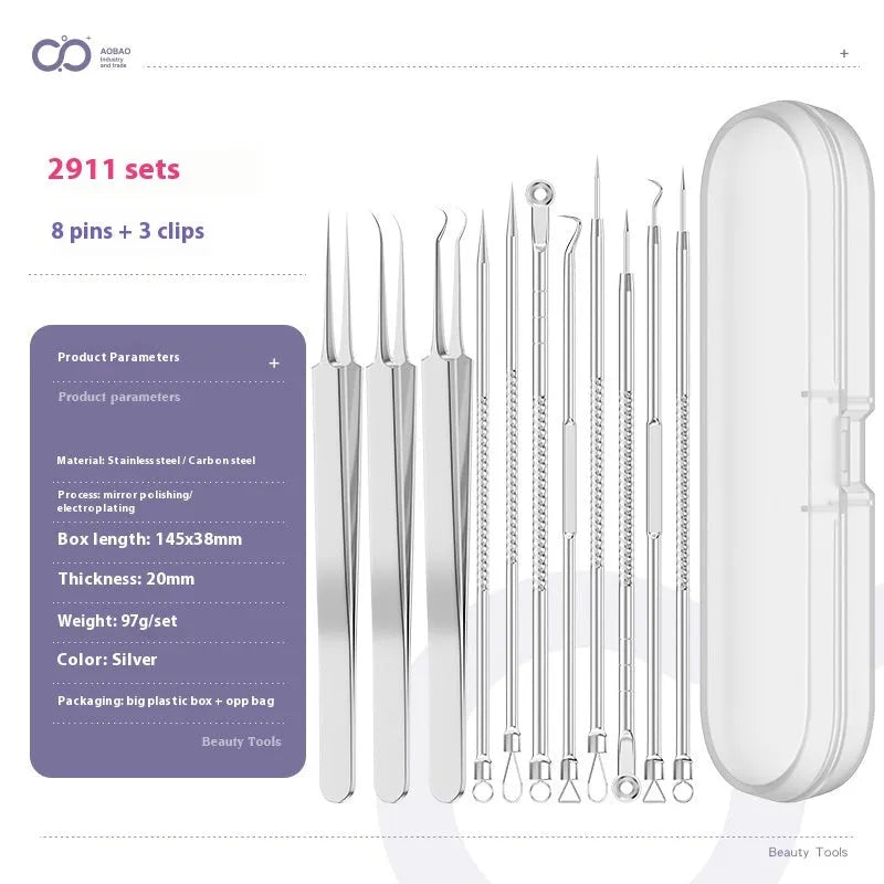 Four silver metal acne needles with ultra-fine pointed tips for skin treatment.