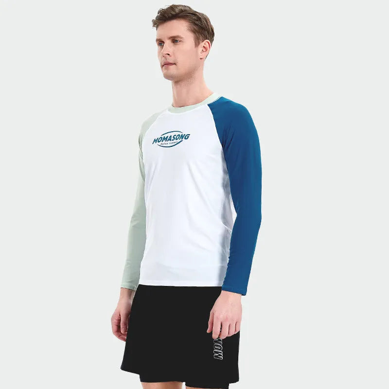 Men's long-sleeved white top with matching swimming trunks swimsuit set for beach sports