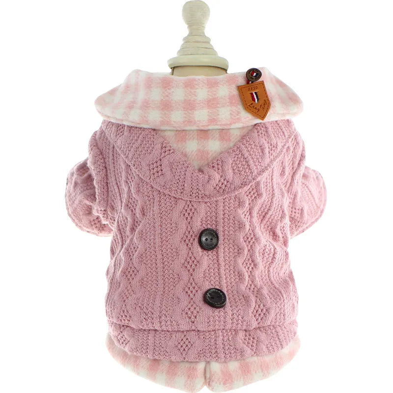 Blue wool plaid dog sweater with fleece lining shown in medium size on mannequin