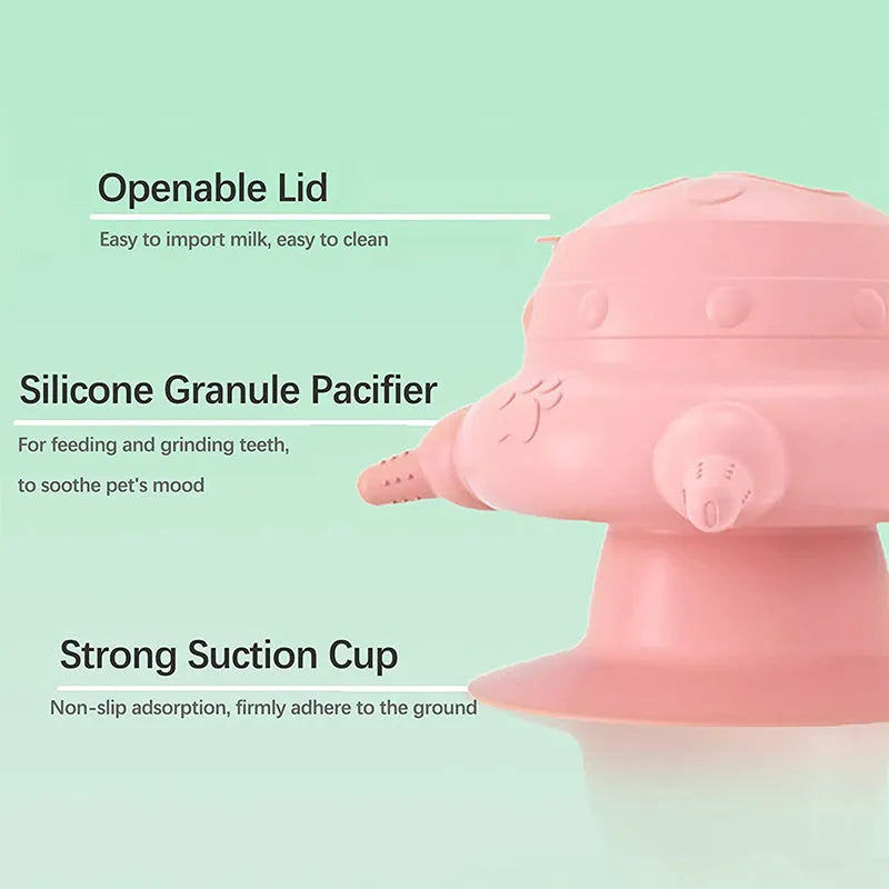 Pink silicone pet nursing device with bionic breast-shaped milk bowl and pacifiers