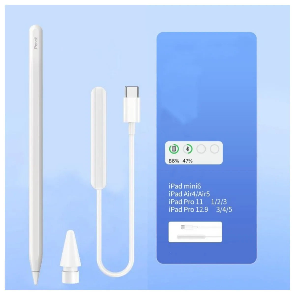Active flat-panel touch magnetic rechargeable stylus for iPad and Android tablets showing power display