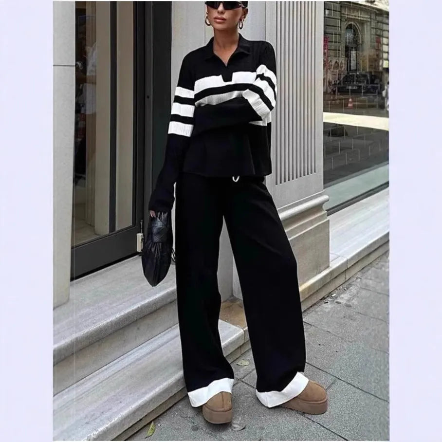 Women's black and white striped polo collar knitted two-piece set with matching trousers