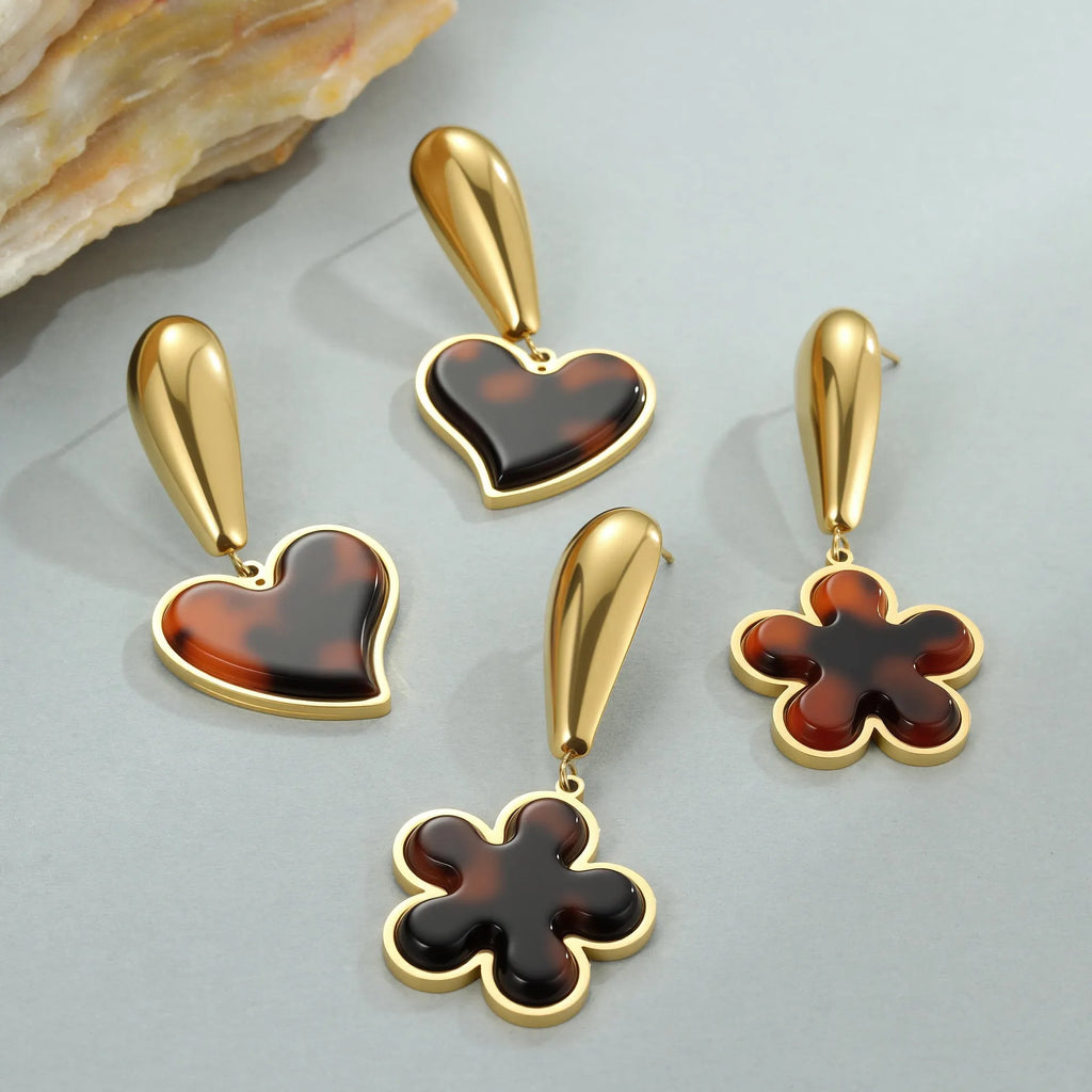 Tortoiseshell resin hawksbill colour earrings with 18K gold electroplating on stainless steel