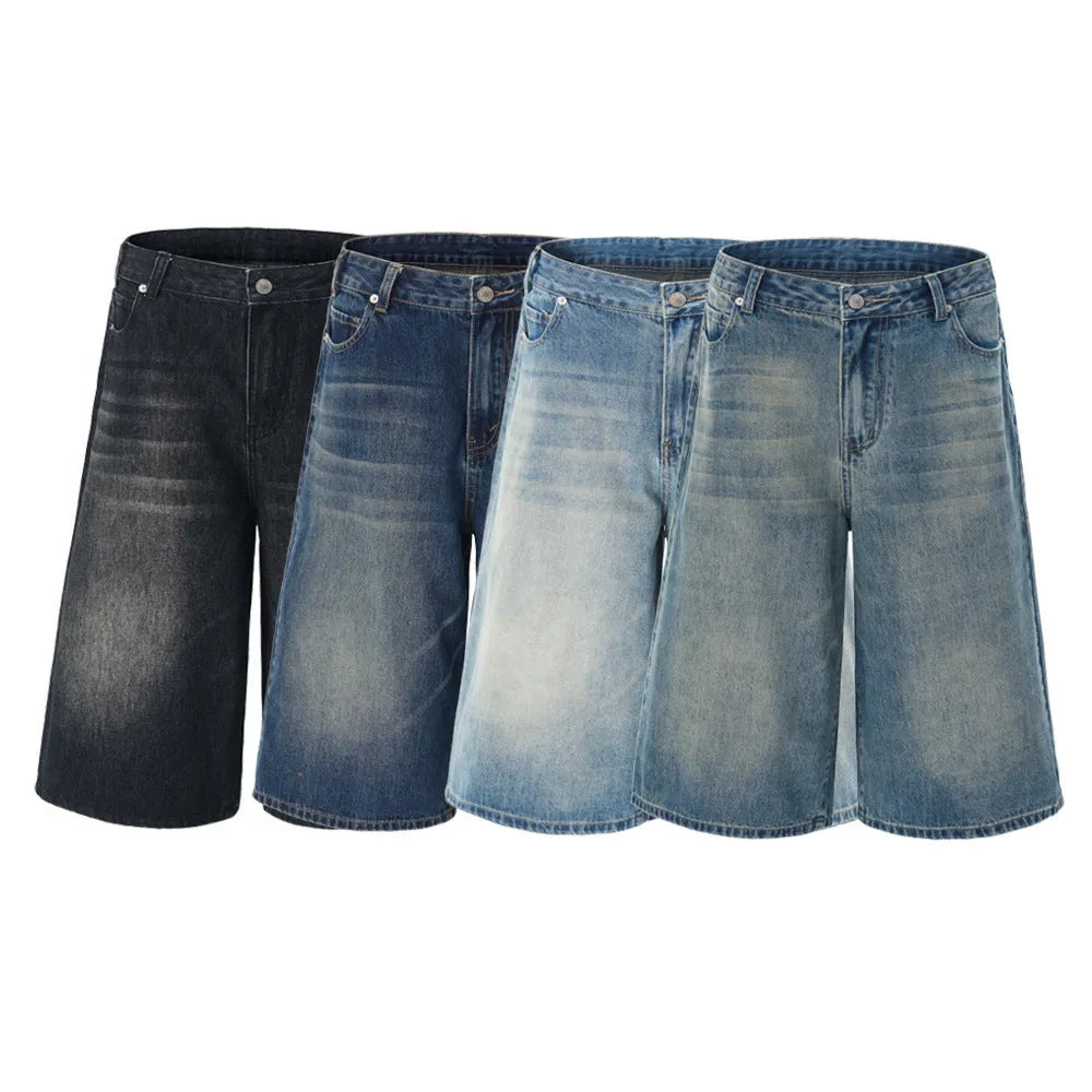 Men's loose straight-leg denim shorts in light blue colour showing cropped length and casual styling