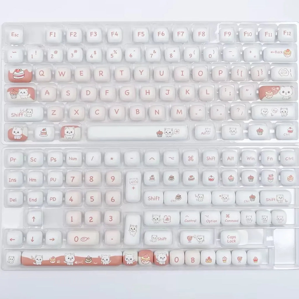 Dessert cat themed MOG round keycap set for mechanical keyboards showing cartoon character artwork.