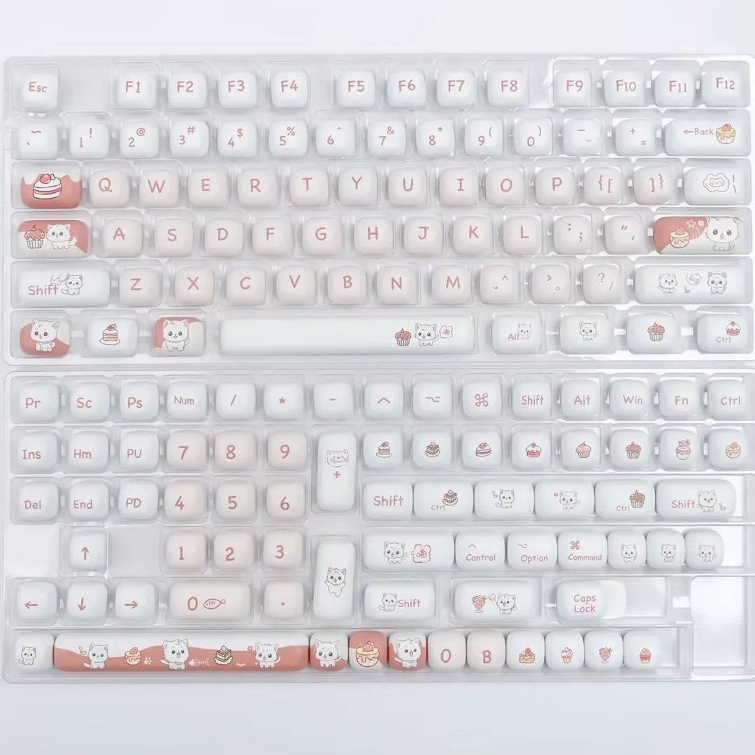 Dessert cat themed MOG round keycap set for mechanical keyboards showing cartoon character artwork.