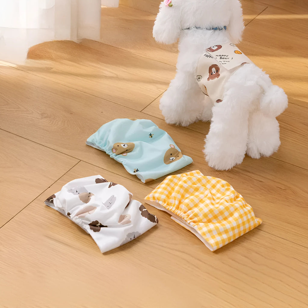 Reusable male dog diaper belly band with cartoon bone paw print design and fastener tape