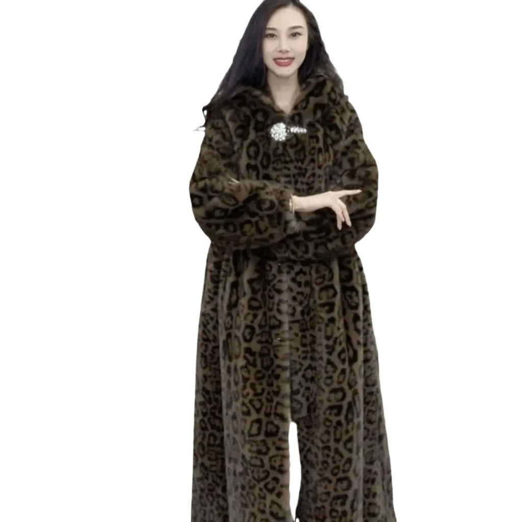 Long plus size brown leopard print faux fur coat for women on a hanger