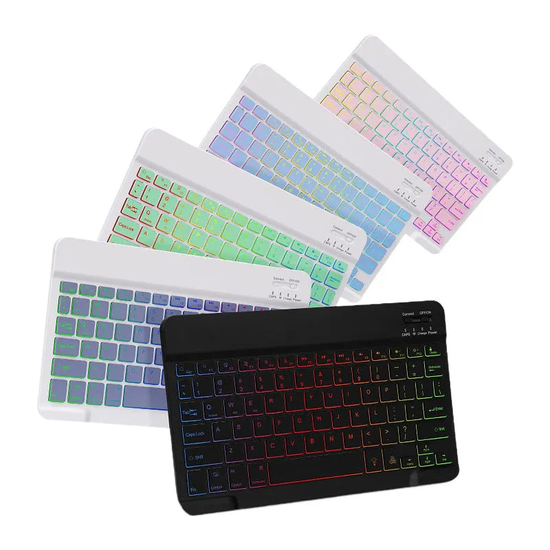 iPad in a colourful TPU leather case with a built-in luminous RGB backlit Bluetooth keyboard and stand open.