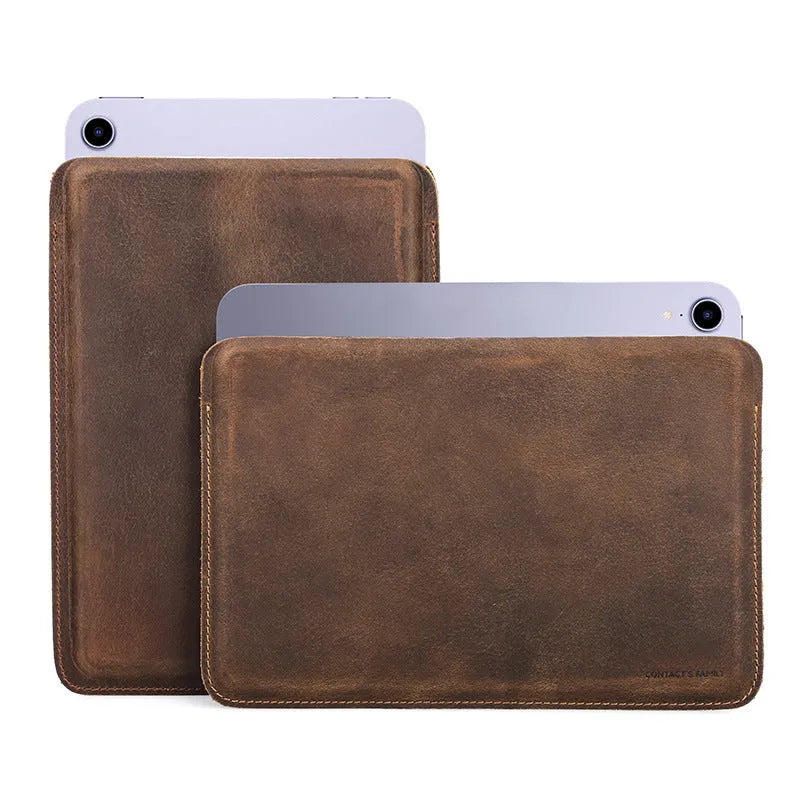 Genuine leather iPad protective case in brown horizontal orientation with handmade stitching
