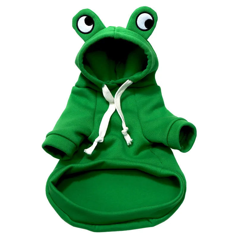 Green frog costume hoodie on a small dog, showing long sleeves and hood