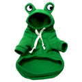 Green frog costume hoodie on a small dog, showing long sleeves and hood