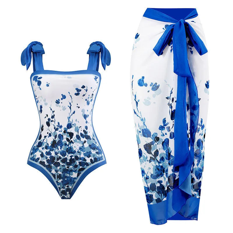 Women's retro floral one-piece swimsuit with chiffon skirt in multiple colour patterns