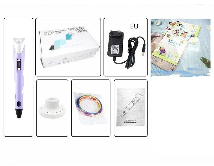 Children's 3D printing pen set with blue pen, base, USB cable, and coloured consumables in a colour box