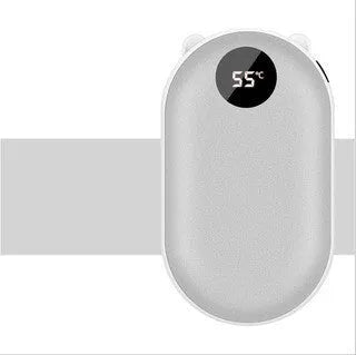Compact rose gold USB rechargeable hand warmer and power bank with digital display, shown next to its charging cable.