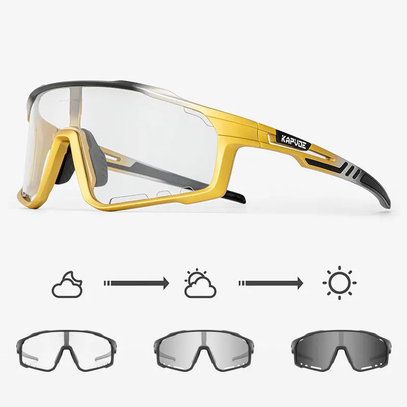 Photochromic cycling sunglasses with a semi-rimless TR90 frame shown in one of fourteen colour options.
