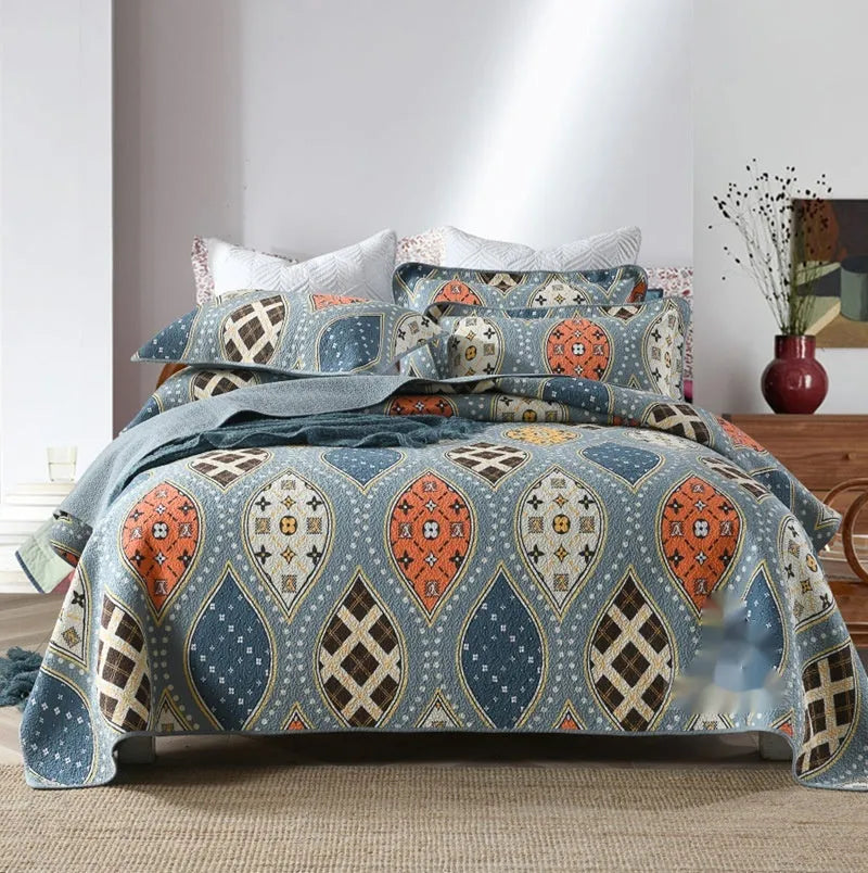 Pure cotton bedspread three-piece set with geometric printed pattern for 1.8 metre beds