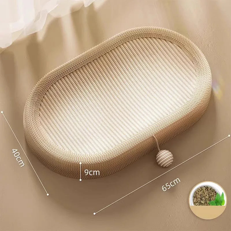 Large natural sisal fibre cat scratching board with a raised lounging platform in a beige colour.