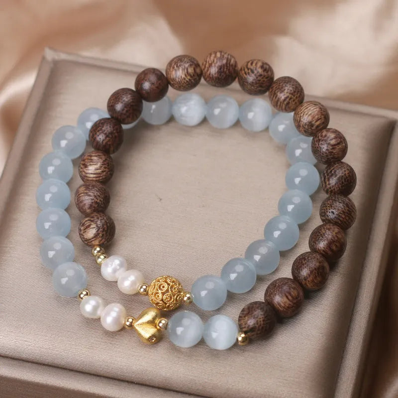 Natural agarwood opal double ring bracelet with light blue crystal lotus seedpod centrepiece, women's ethnic style