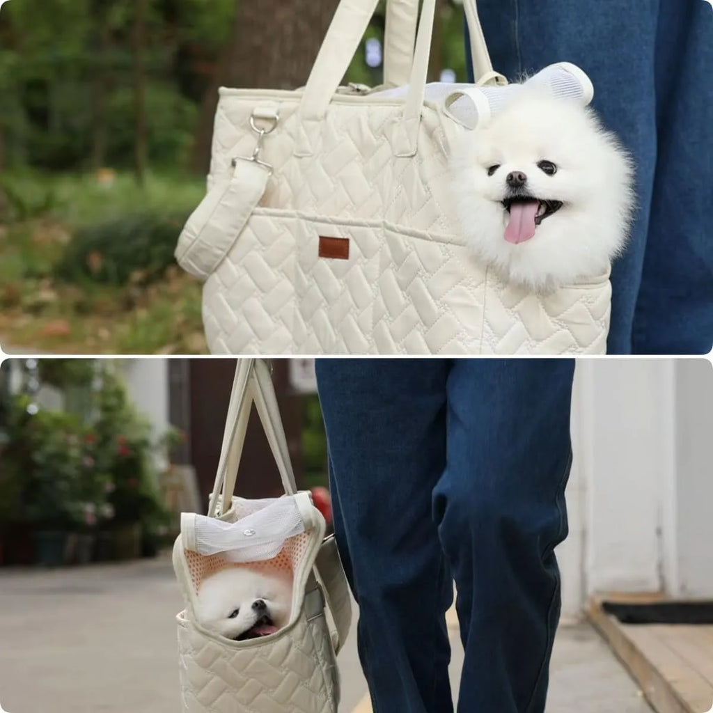 Grey pet carrier handbag with mesh side panels and multiple pockets for a small dog