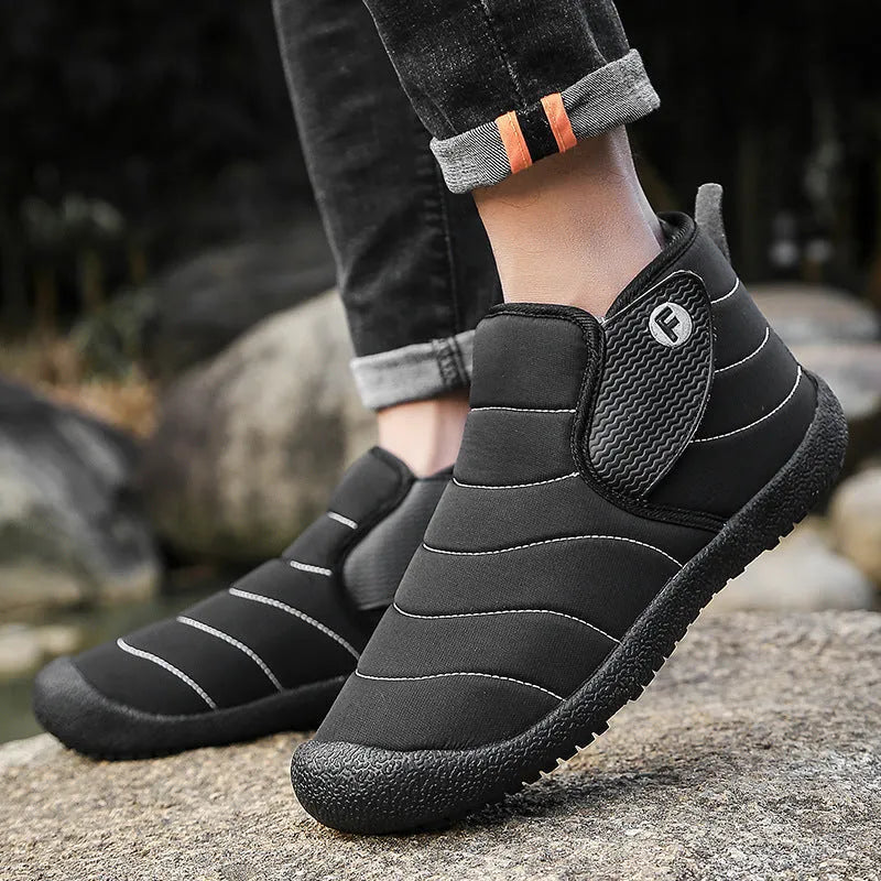 Men's waterproof cotton snow boots with non-slip rubber soles in yellow, green, blue, or black.