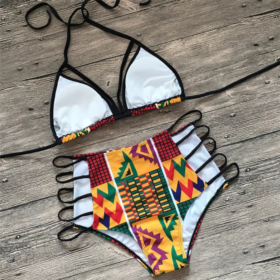 Women's high-waist bikini with digital printing and backless design for swimming