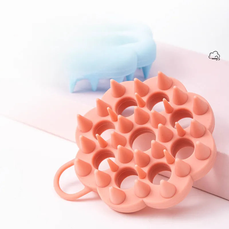 Silicone pet hair care brush for dry and wet use with massage bristles in blue, green, orange, pink, or purple