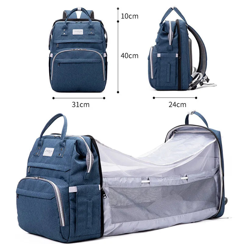 Multifunctional maternity diaper backpack with removable foldable crib in green Oxford fabric