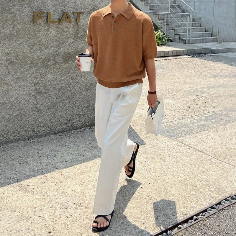 Men's caramel coloured retro knitted polo shirt with short sleeves and asymmetrical design detail