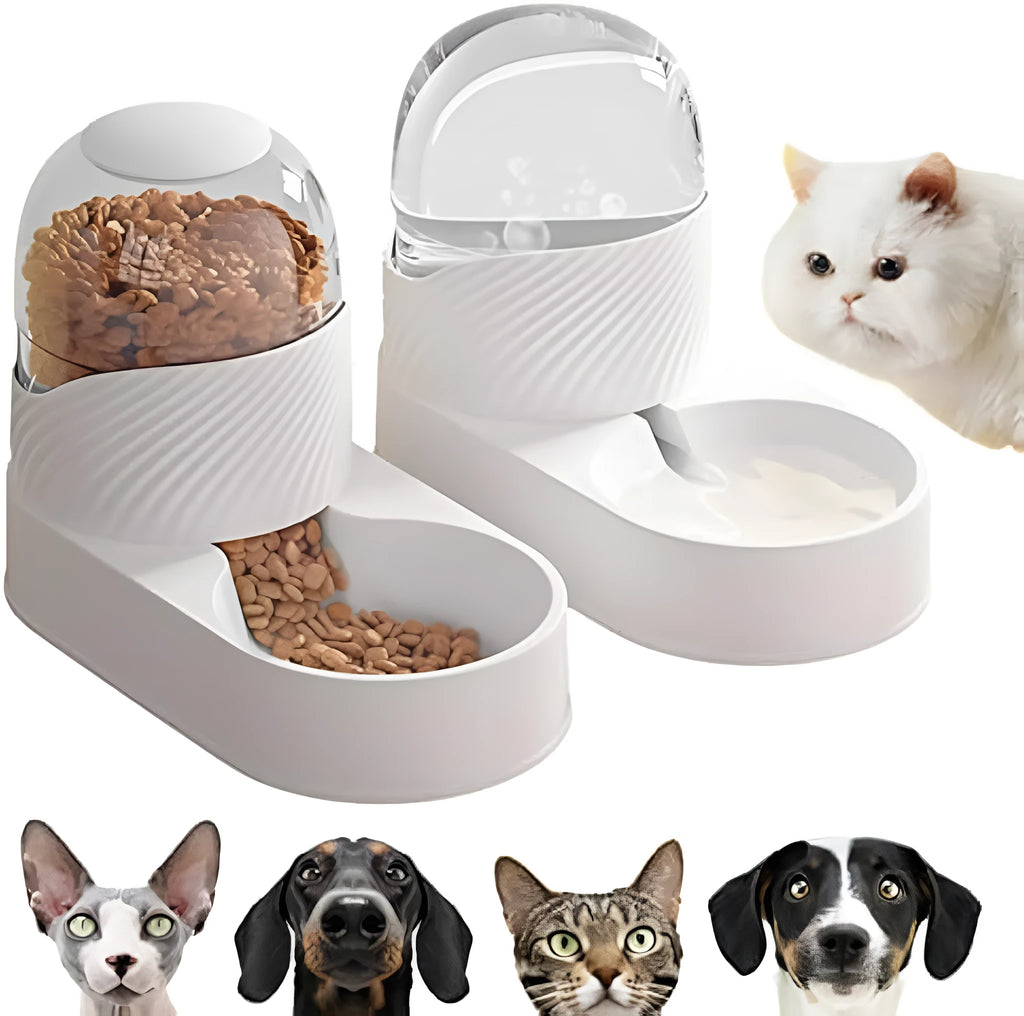 White automatic cat feeder and water dispenser set with wave-shaped design.