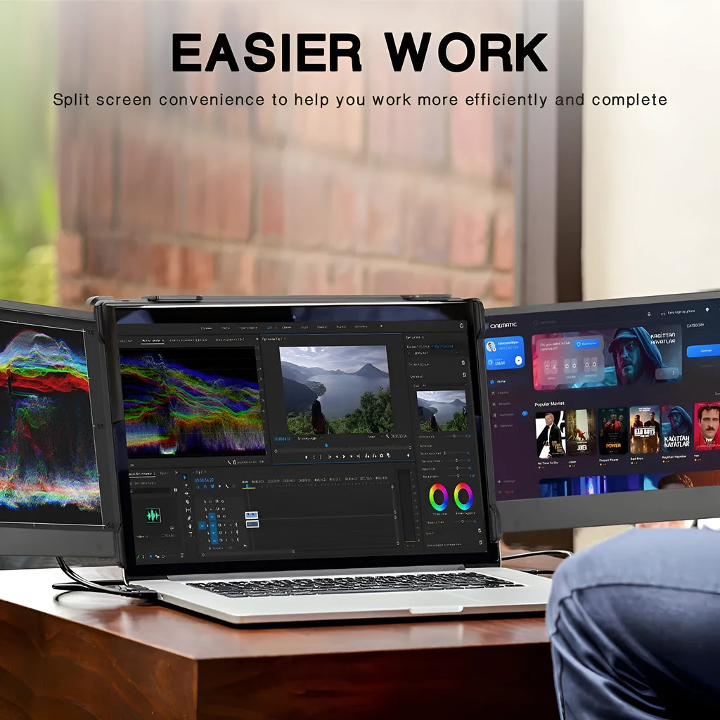 Portable black external monitor screen with cables for mobile phone and laptop connection.