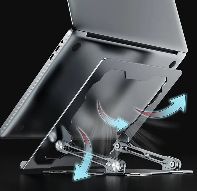 Grey aluminum folding laptop stand shown at an adjustable angle holding a silver laptop.