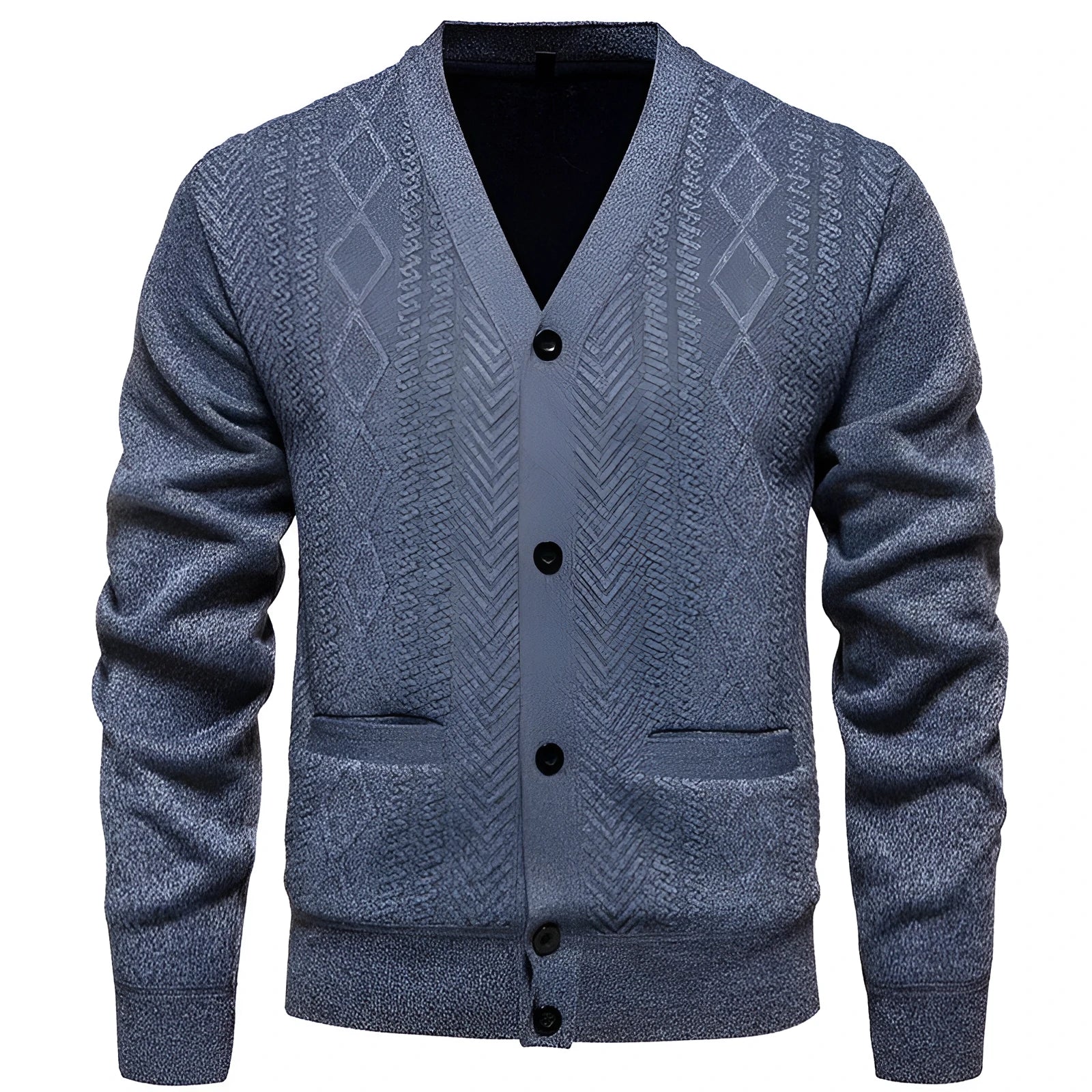 Men's striped cardigan sweater with long sleeves and wool lining shown in brown colour