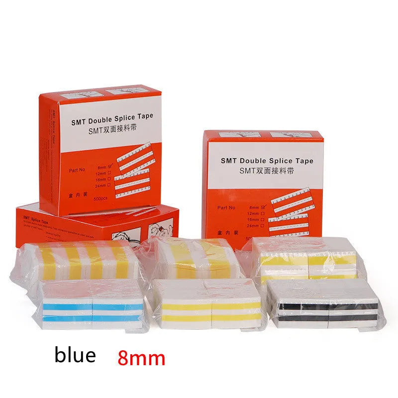 Rolls of yellow, black, blue, and gum coloured SMT double-sided splicing tape in various widths.