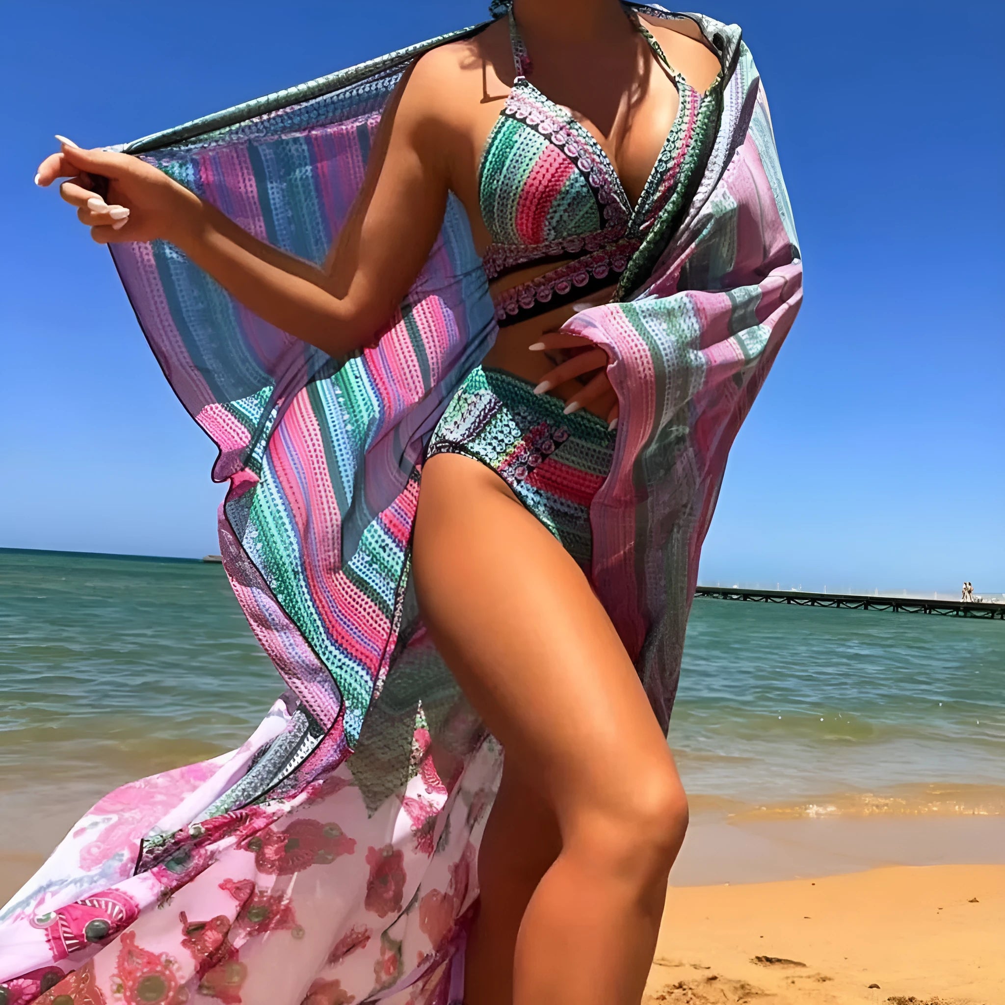 Blue red cross bandage high waist bikini swimsuit three-piece set for women on mannequin