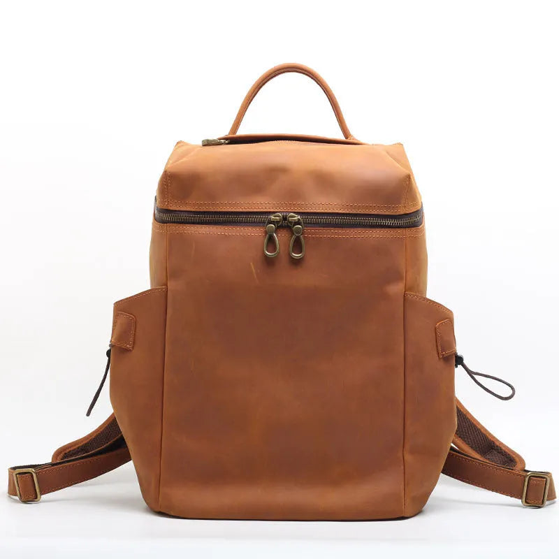 Classic retro backpack in brown Crazy Horse leather cowhide with multi-compartment and sewing thread detailing