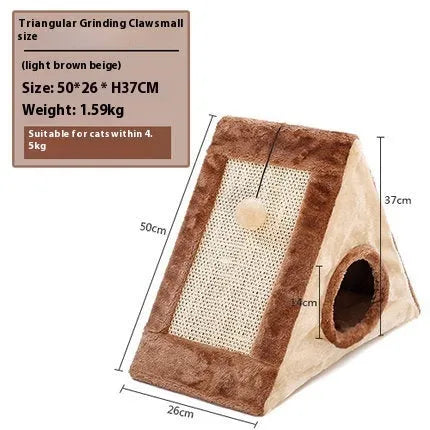 Triangle-shaped cat scratching post with sisal surfaces and integrated plate fur cushion bed