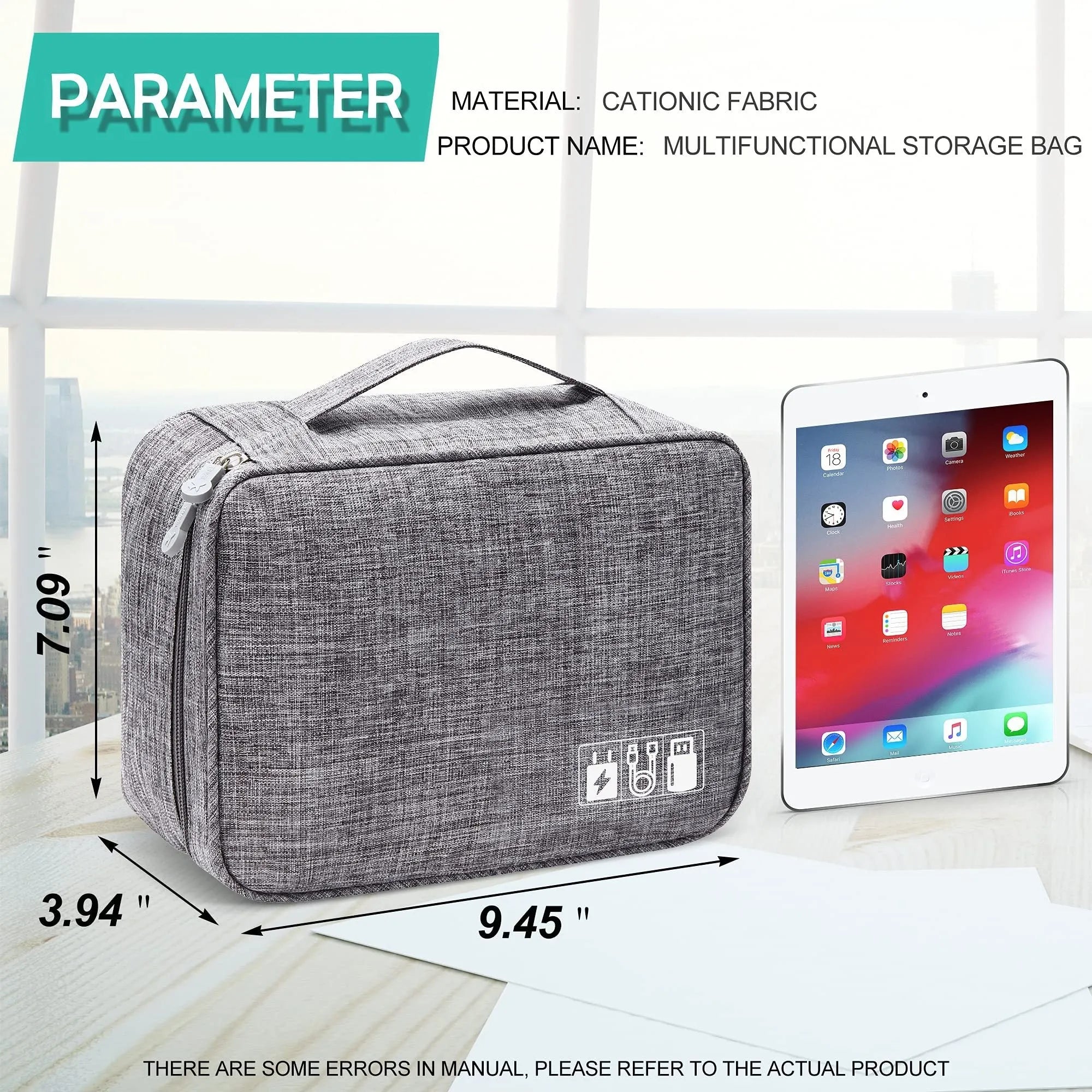 Black waterproof travel cable organiser bag open, showing mesh pockets, elastic loops, and removable padded dividers.