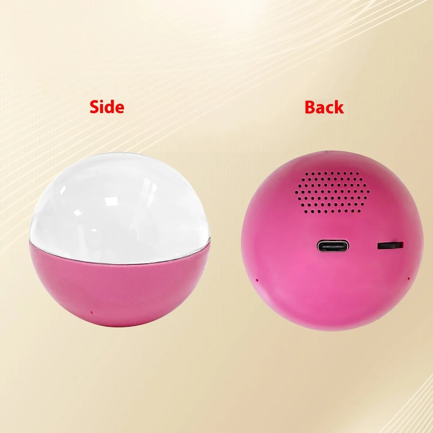 Spherical electronic video player with a round colour screen in orange, blue, white, pink, or black.